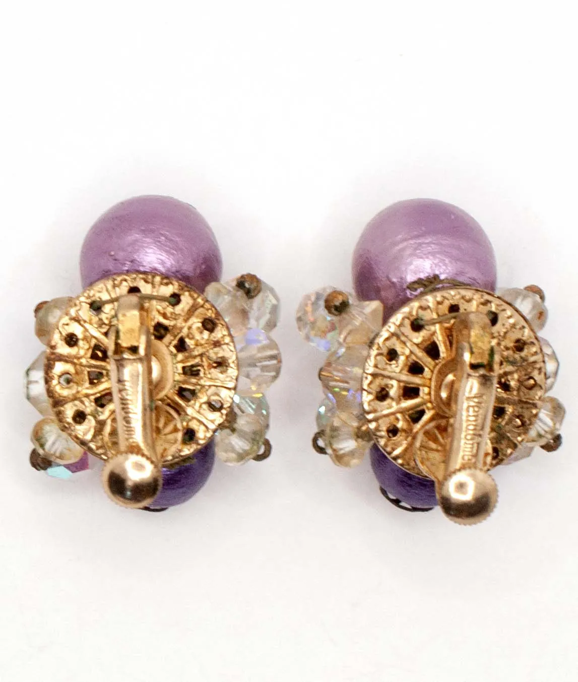 Vintage Unsigned Purple Clear Rhinestone Screw Back Earrings