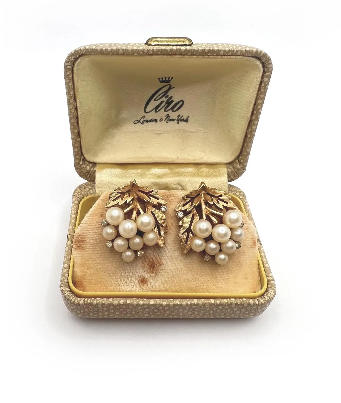 Crown Trifari Faux Pearl Earrings with Box Gadelles Vintage